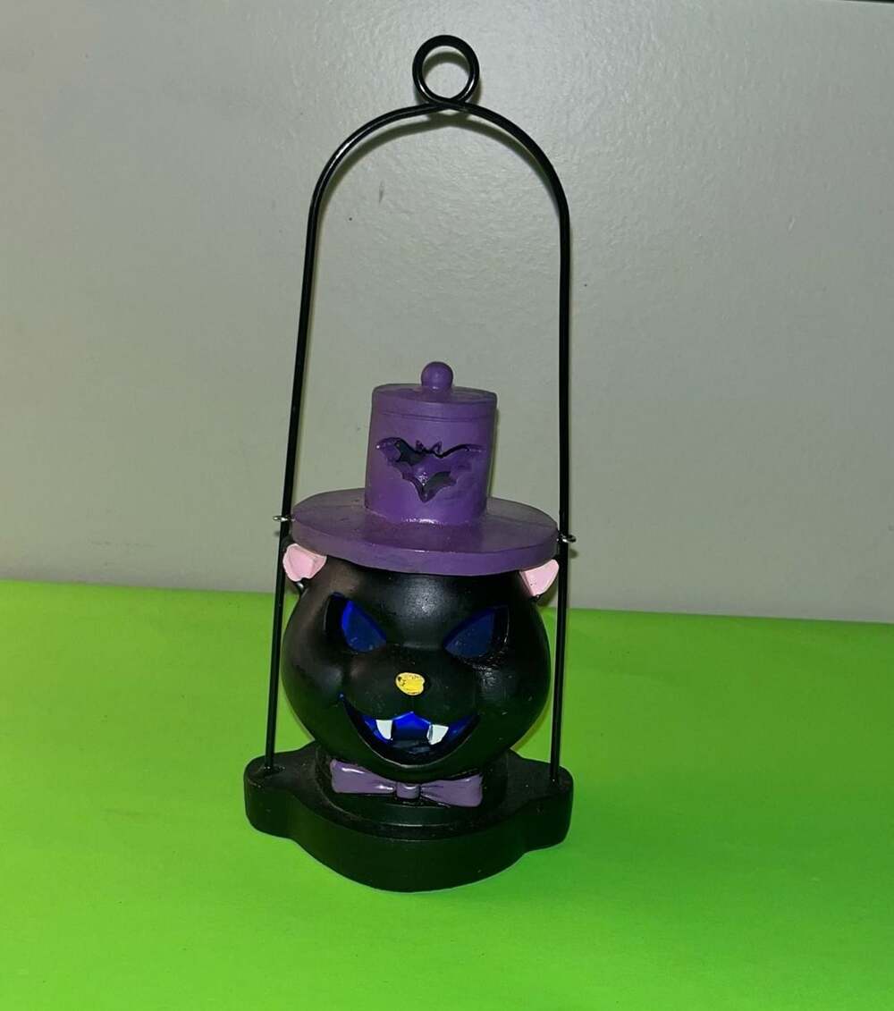 Halloween Black Cat Light Up Lantern Purple Hat Bat Metal Handle